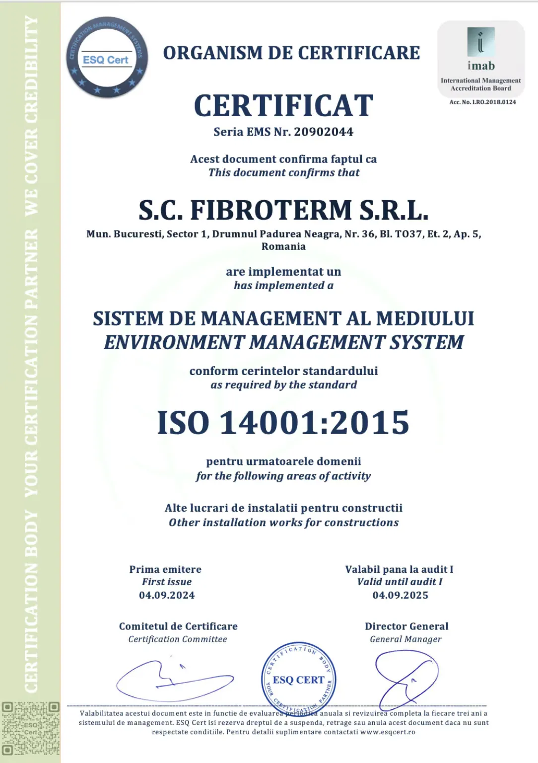 Certificat ISO 14001:2015 – Sistem de management al mediului