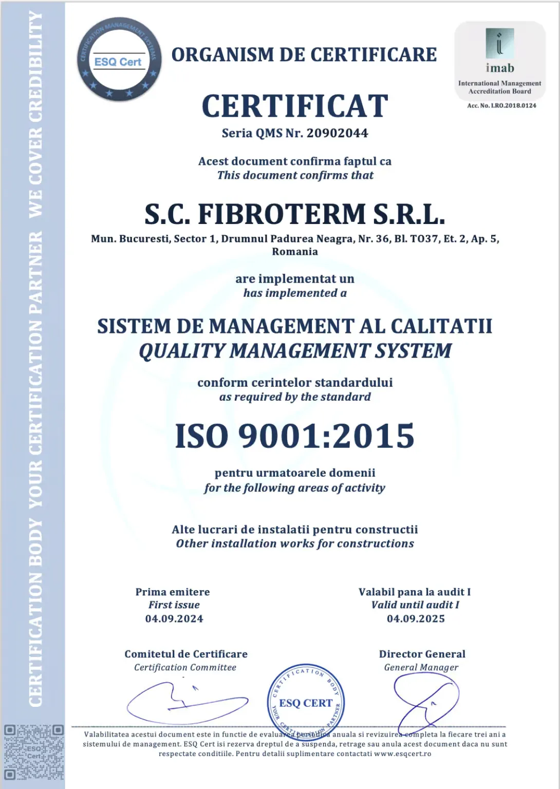 Certificat ISO 9001:2015 – Sistem de management al calității