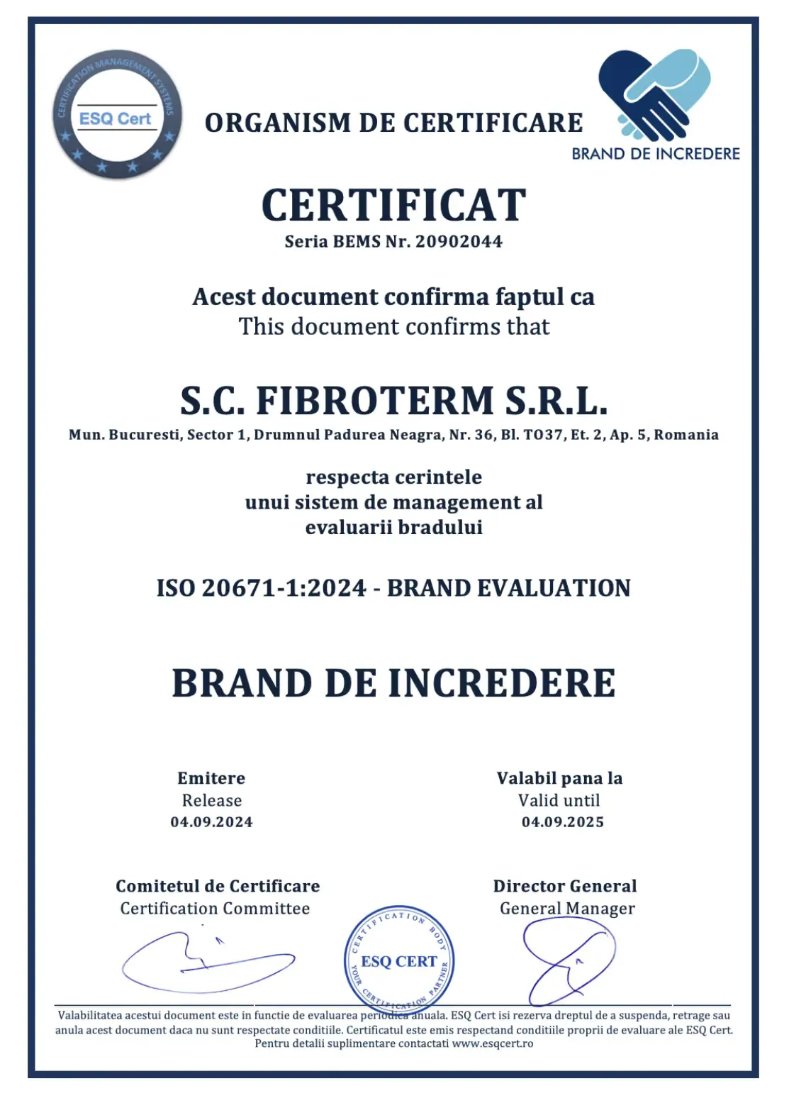 Certificat „Brand de încredere” – ISO 20671-1:2024