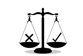 Pictogramă: balanță cu un X pe un taler și o bifă pe celălalt