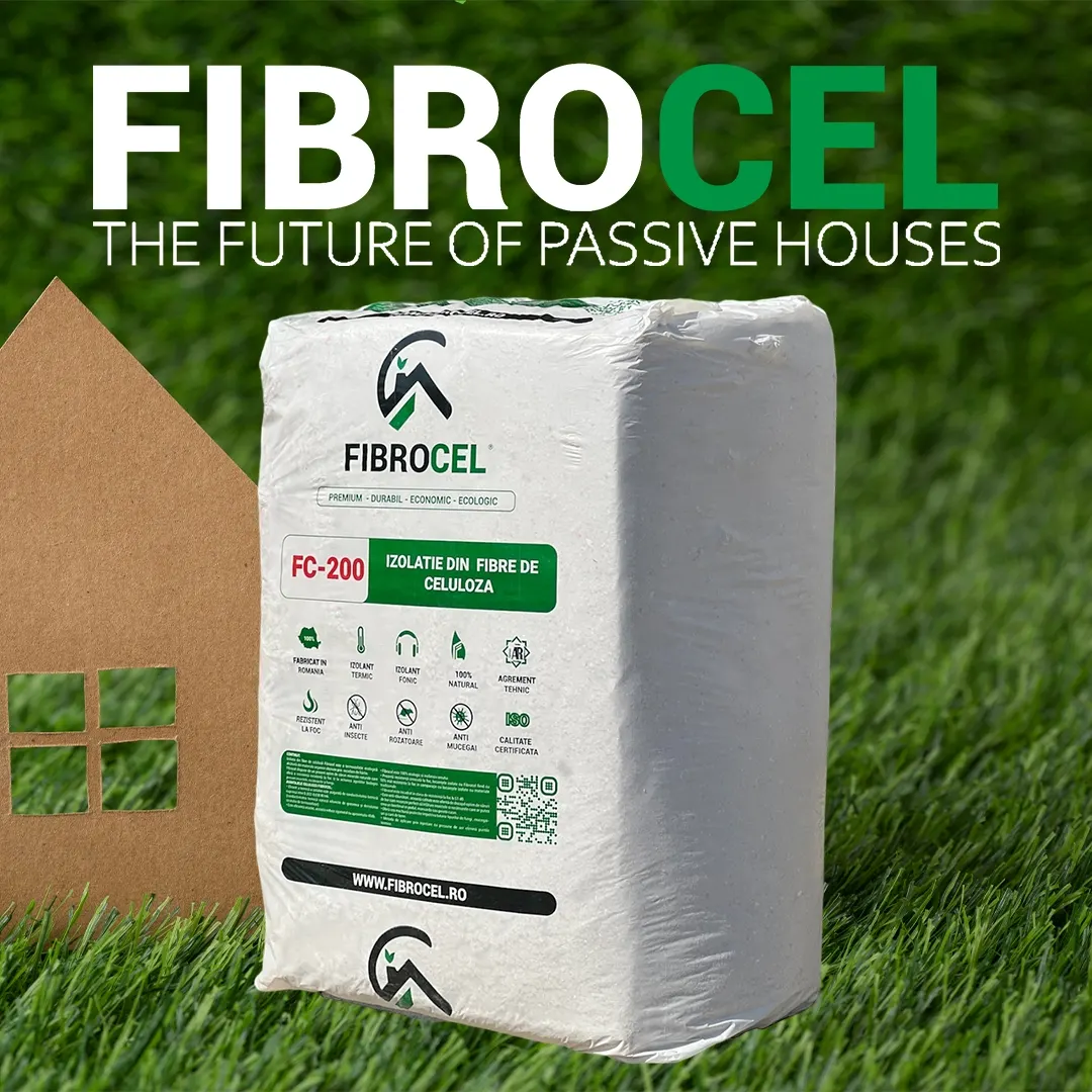 Sac de celuloză FIBROCEL FC-200, cu textul «The future of passive houses»