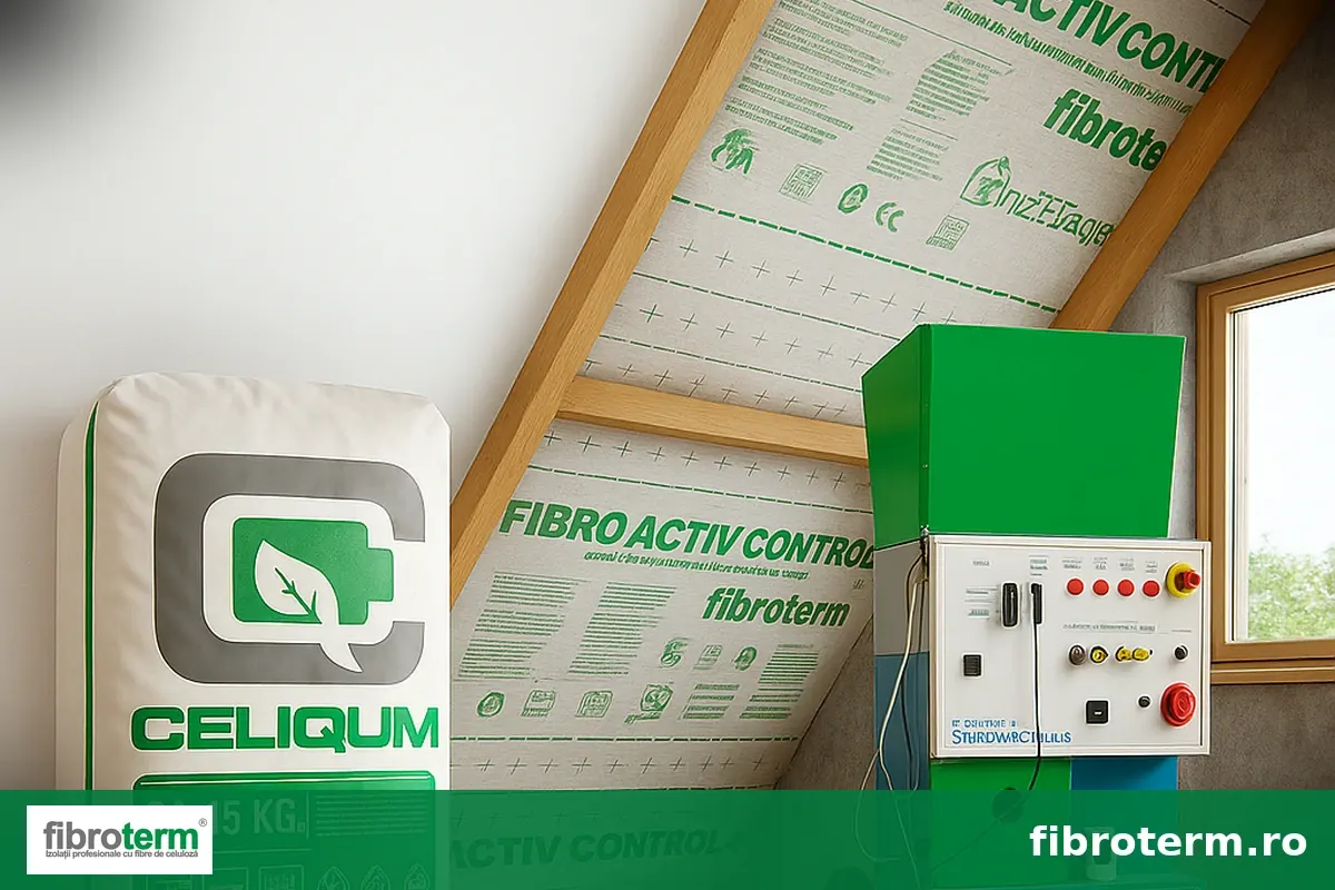 Ilustrație: sac de celuloză CELIQUM și utilaj de injectare într-o mansardă cu membrana Fibro Activ Control montată