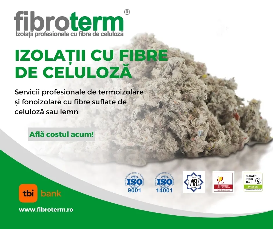 Banner Fibroterm «Izolații cu fibre de celuloză»: o grămadă de fibre de celuloză și siglele certificărilor