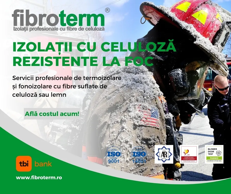 Banner Fibroterm «Izolații cu celuloză rezistente la foc», cu un pompier în echipament de intervenție
