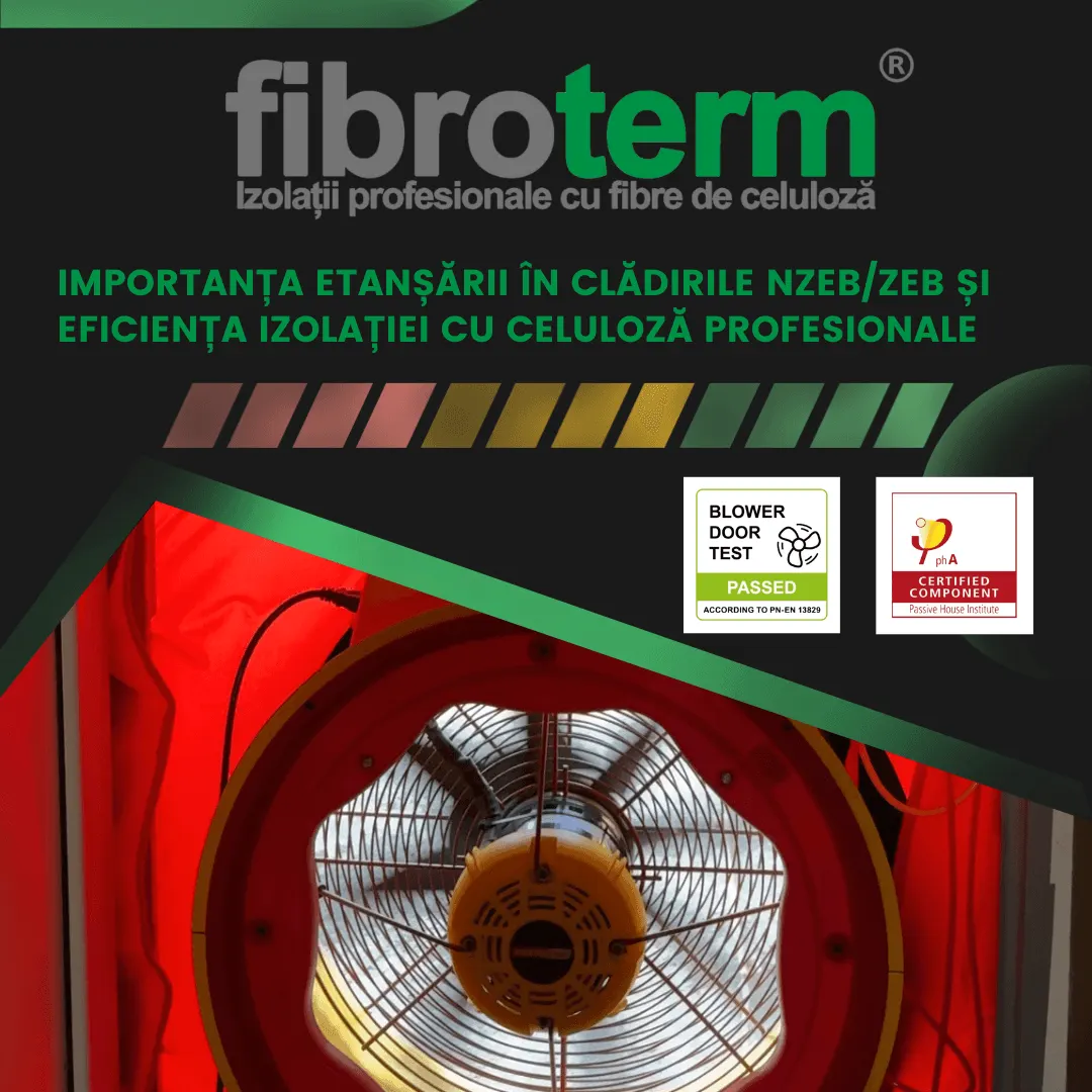 Afiș Fibroterm «Importanța etanșării în clădirile nZEB/ZEB», cu ventilatorul unui test Blower Door