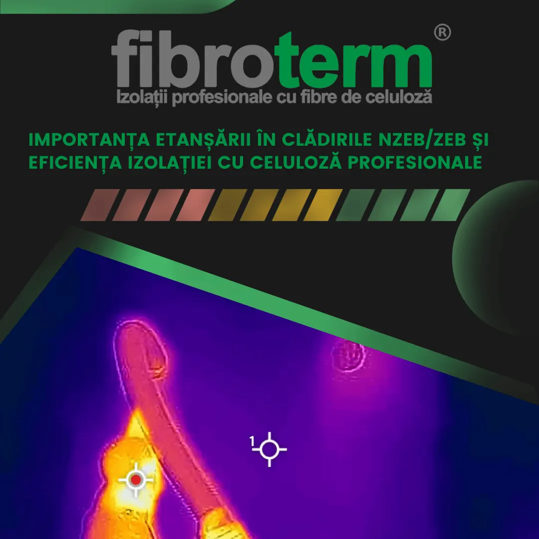 Afiș Fibroterm «Importanța etanșării în clădirile nZEB/ZEB și eficiența izolației cu celuloză profesională», cu o imagine termografică