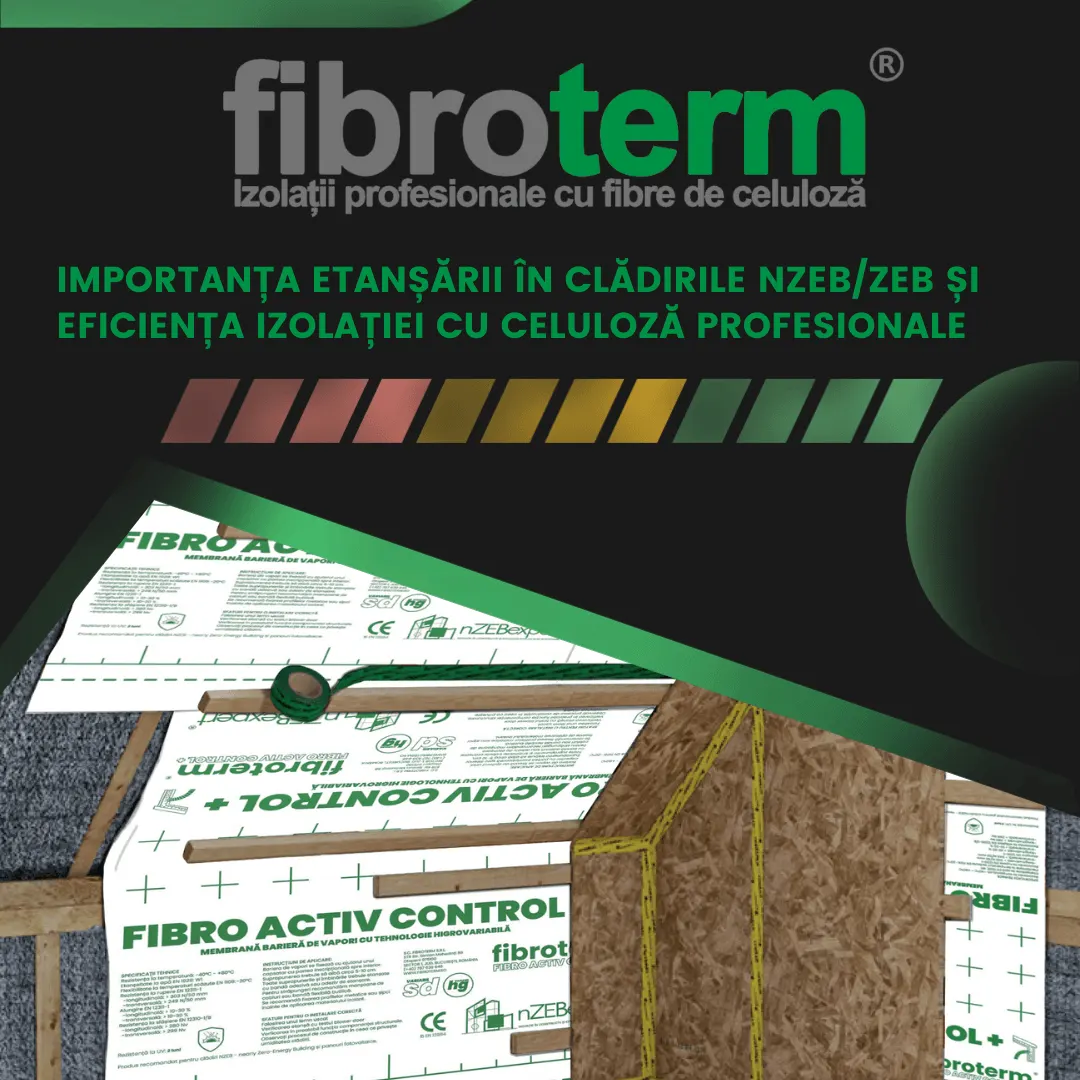 Afiș Fibroterm «Importanța etanșării în clădirile nZEB/ZEB», cu ilustrația membranei Fibro Activ Control pe structura de lemn