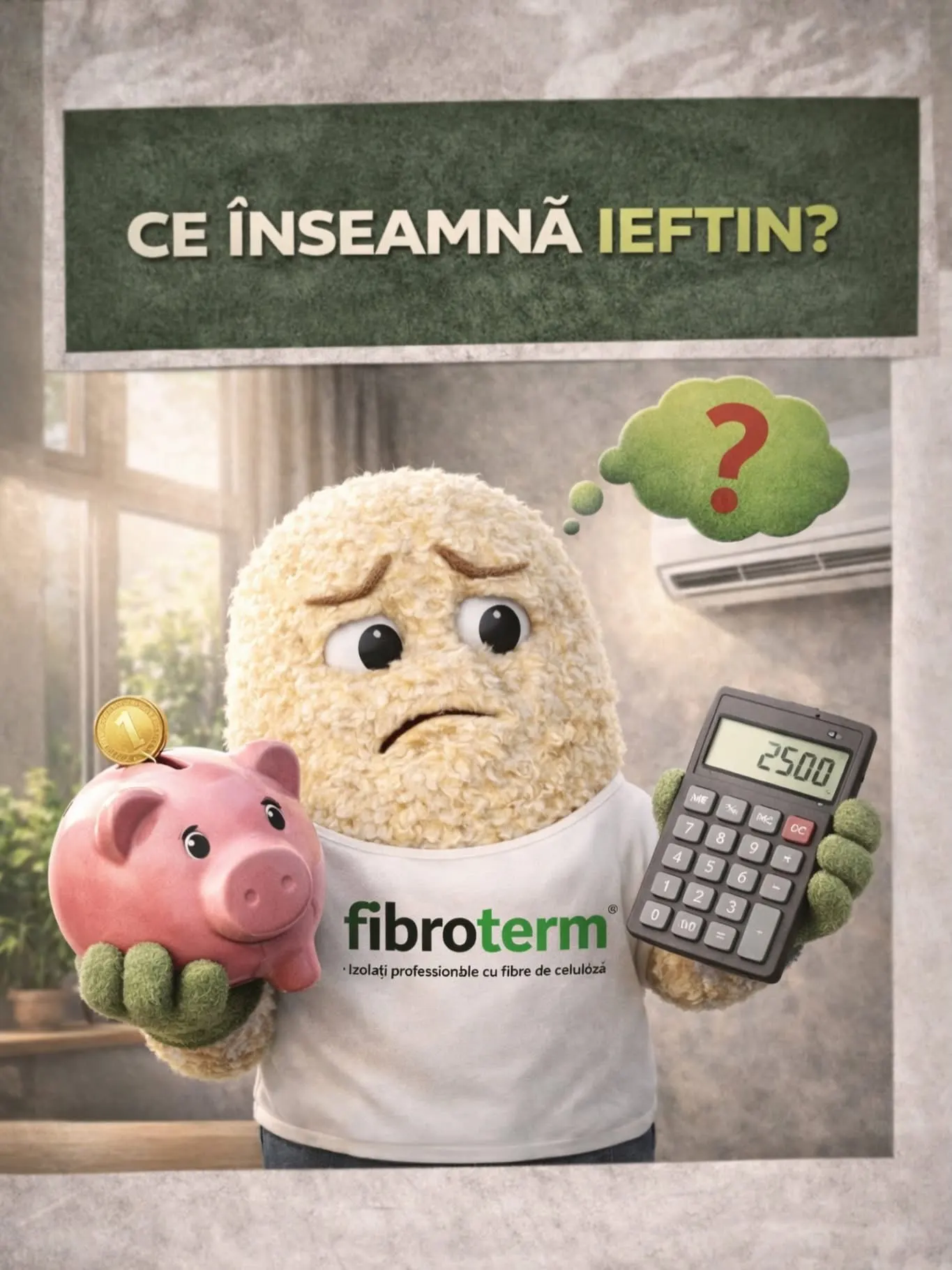 Afiș Fibroterm cu mascota din fibre de celuloză, o pușculiță și un calculator: «Ce înseamnă ieftin?»