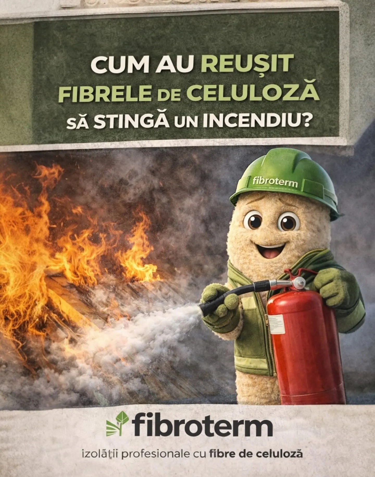 Afiș Fibroterm cu mascota din fibre de celuloză ținând un stingător: «Cum au reușit fibrele de celuloză să stingă un incendiu?»