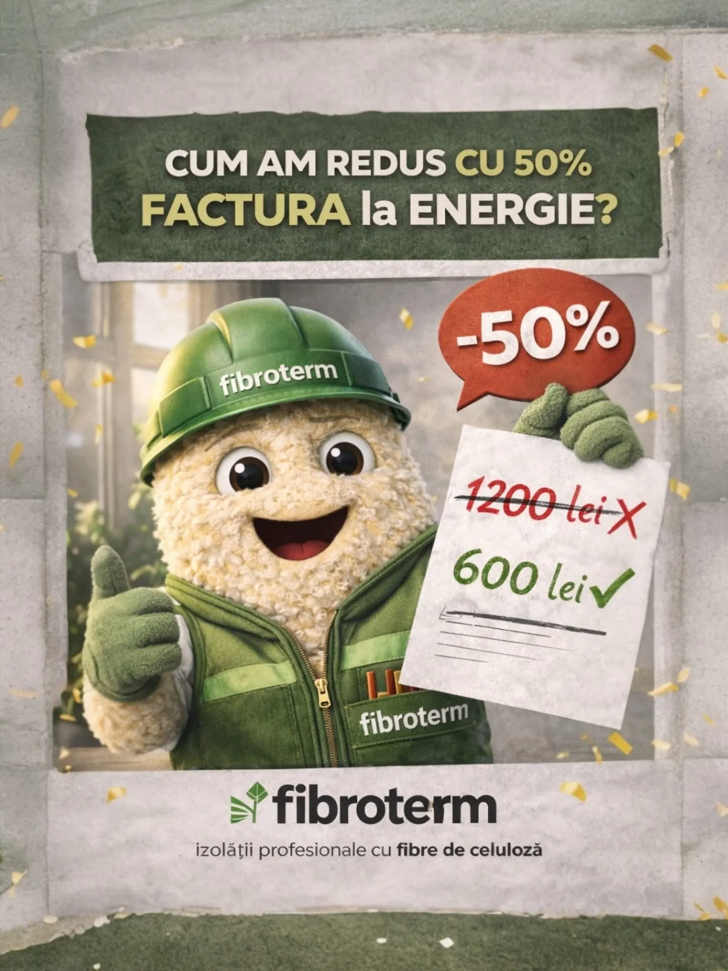 Afiș Fibroterm cu mascota din fibre de celuloză: «Cum am redus cu 50% factura la energie?»