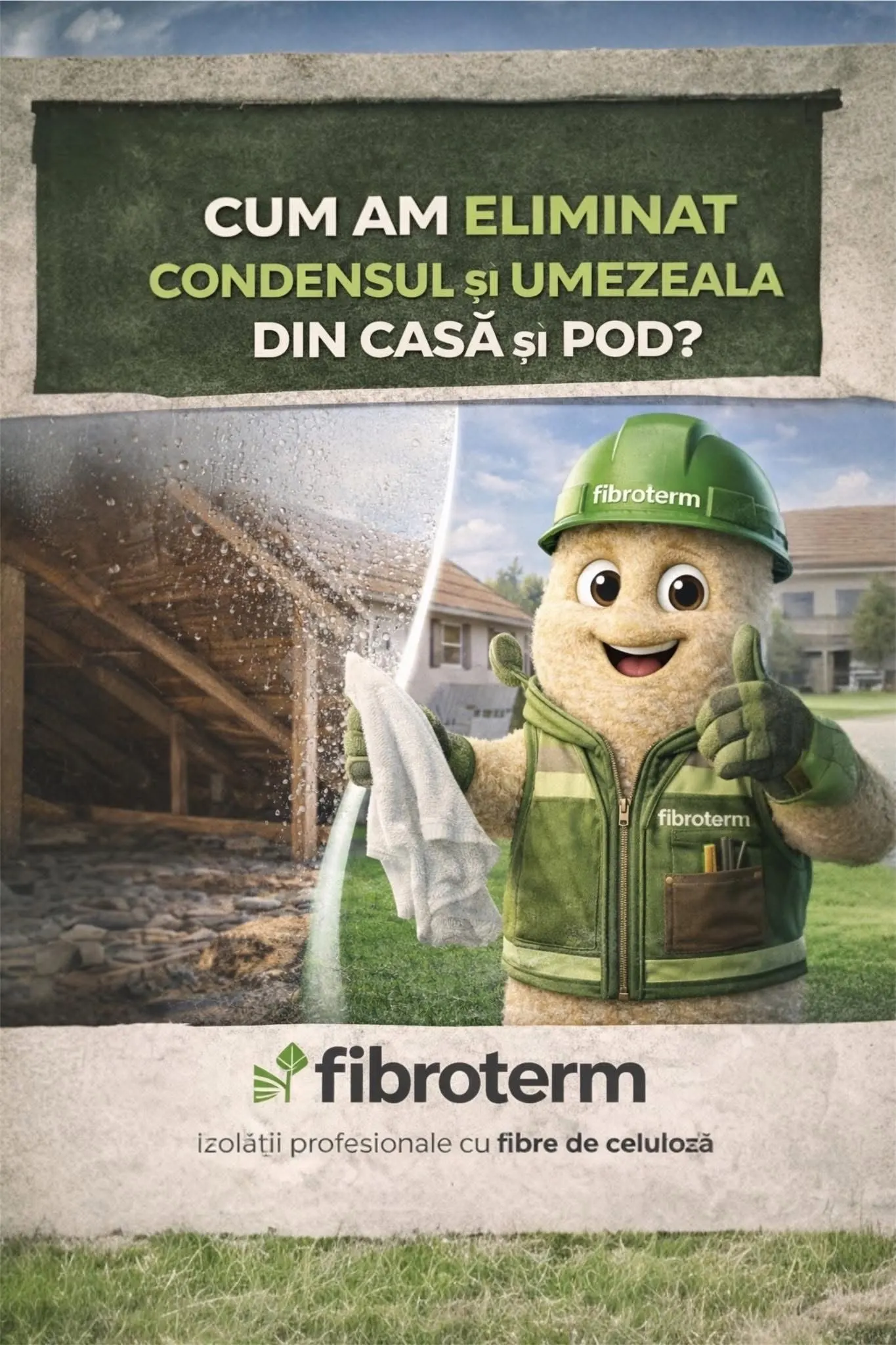 Afiș Fibroterm cu mascota din fibre de celuloză: «Cum am eliminat condensul și umezeala din casă și pod?»