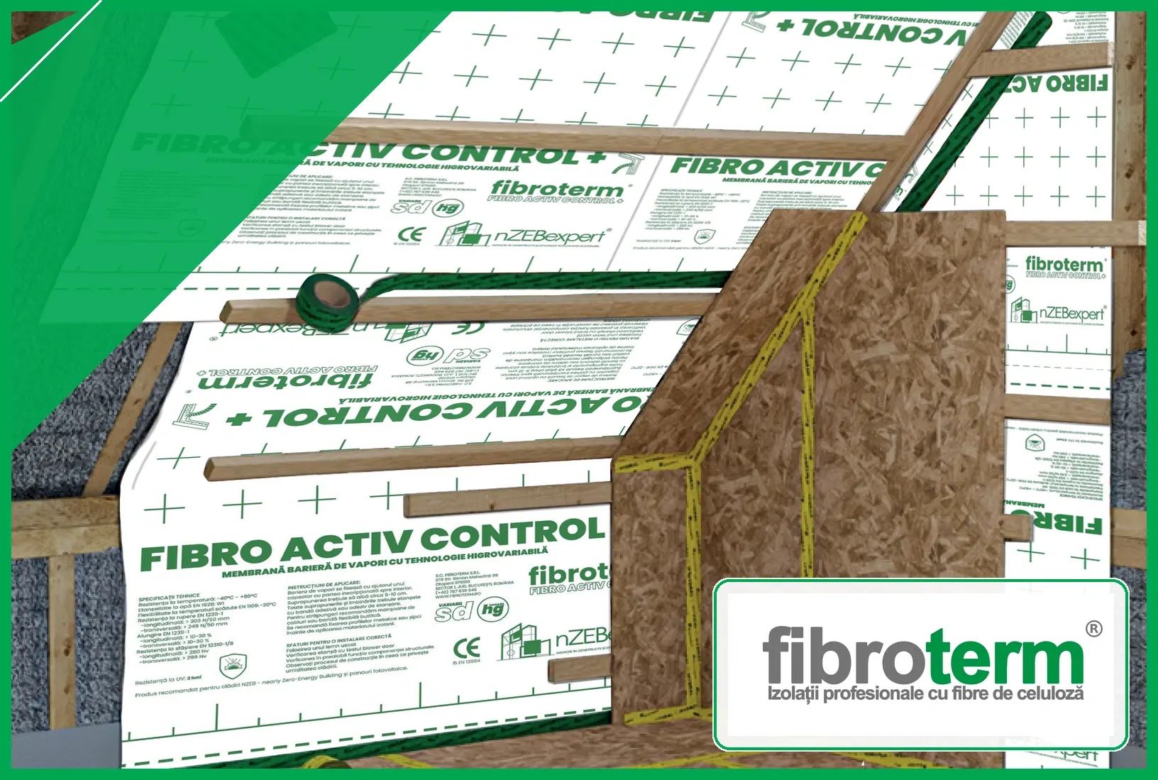 Ilustrație: membrana Fibro Activ Control + pe structura de lemn, cu o secțiune care arată straturile peretelui