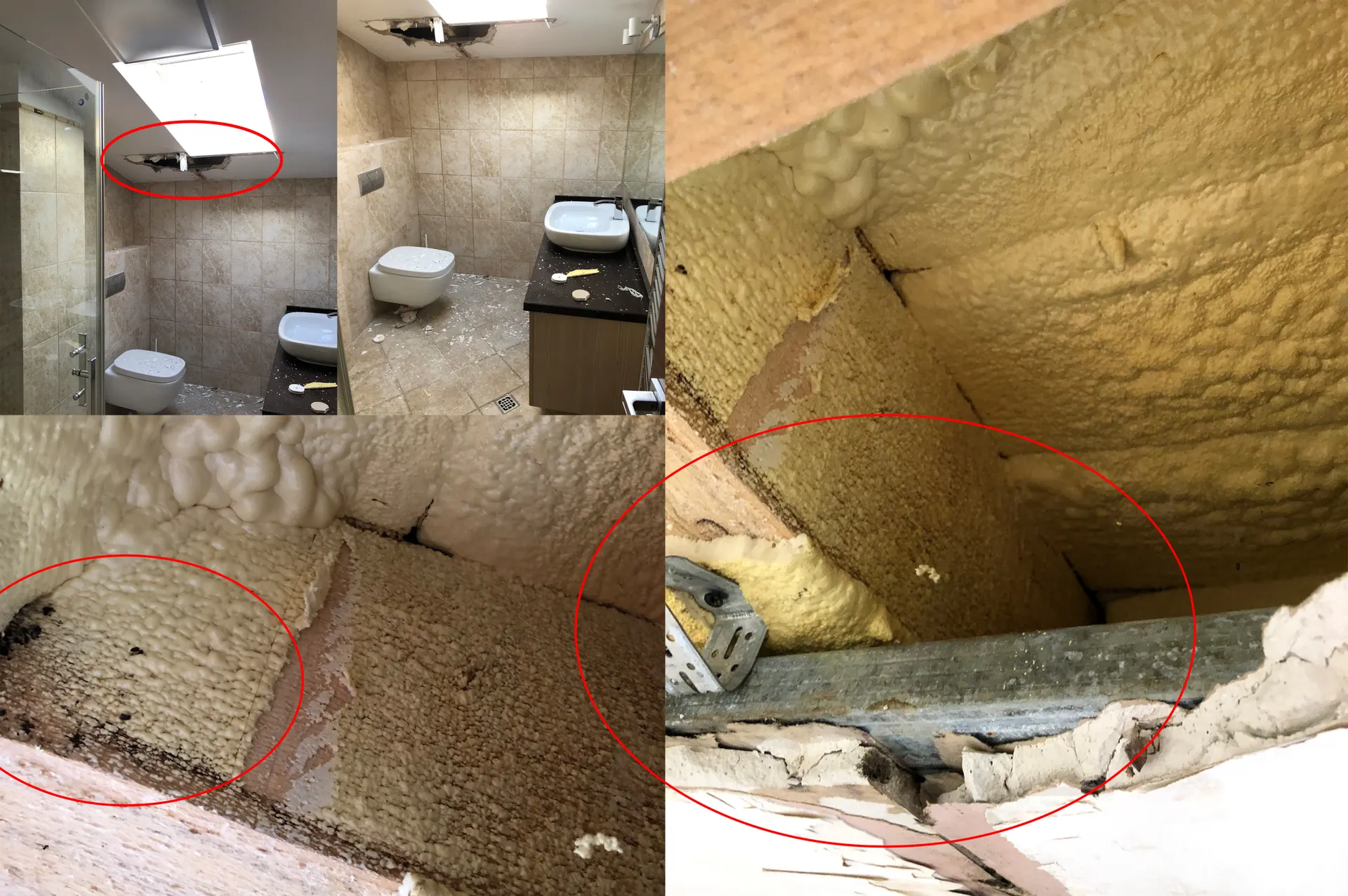 Colaj de fotografii: tavan de baie deteriorat și spumă poliuretanică cu zone degradate, încercuite cu roșu
