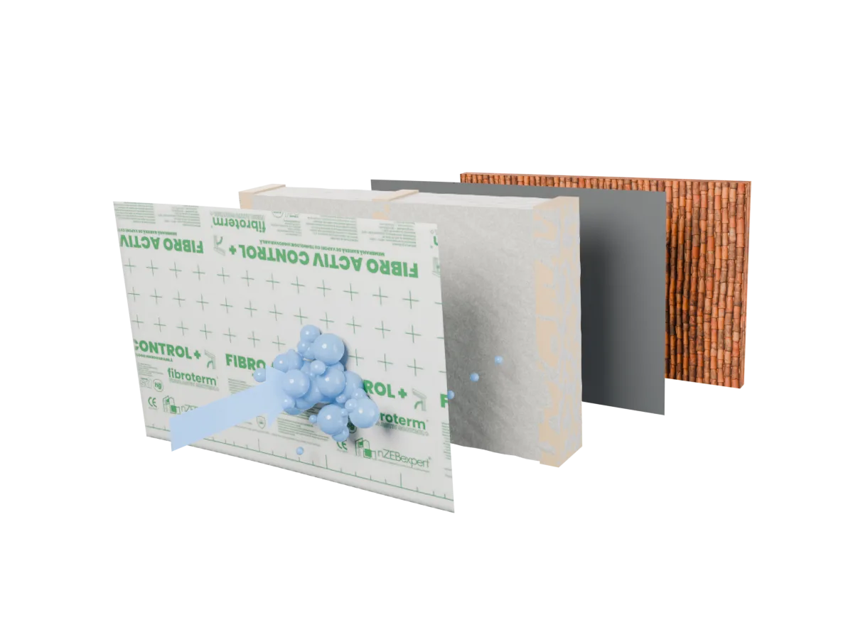 Diagramă 3D: straturile acoperișului desfăcute; vaporii din casă (picături albastre) se opresc la fața membranei Fibro Activ Control+, doar câțiva trec spre celuloză