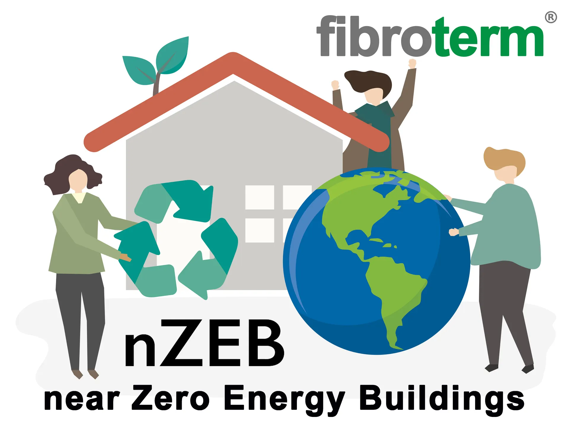 Ilustrație «nZEB – near Zero Energy Buildings»: o casă, simbolul reciclării și globul pământesc