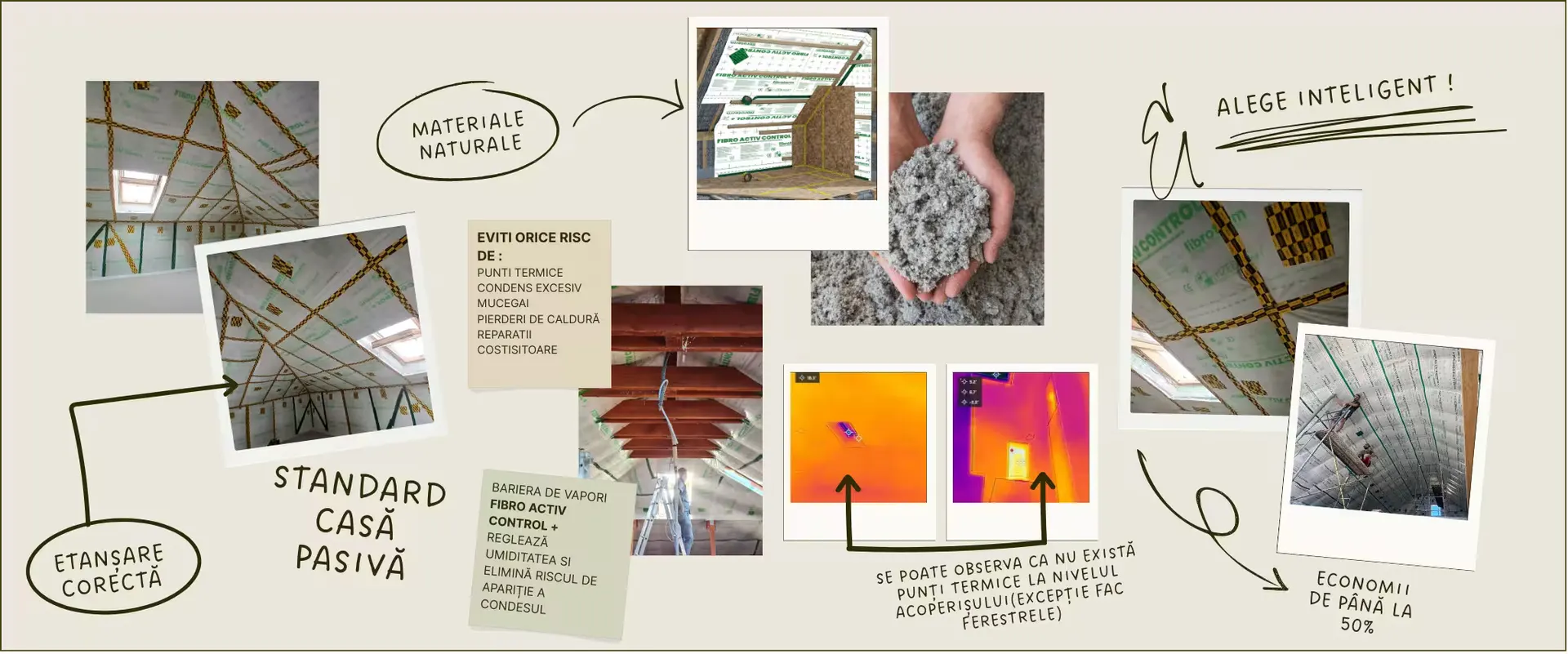 Infografic Fibroterm despre izolația cu celuloză: materiale naturale, etanșare corectă, standard Casă Pasivă