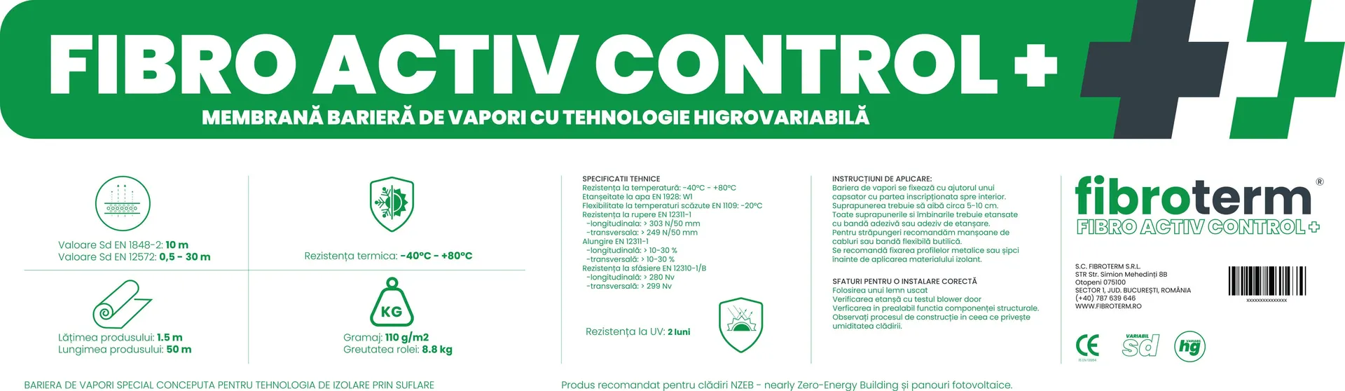 Eticheta membranei Fibro Activ Control + – membrană barieră de vapori cu tehnologie higrovariabilă