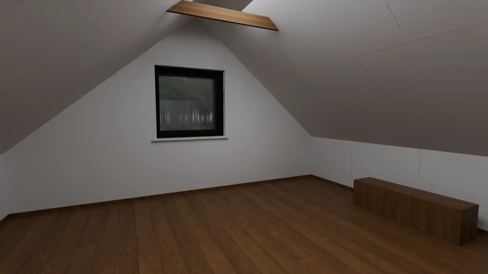 Randare 3D ilustrativă: mansarda finisată după izolarea cu celuloză – pante din gips-carton vopsit, parchet, fereastră în fronton